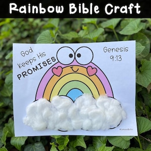 May include: A printable craft activity featuring a rainbow with a smiling face and the text "God keeps His promises" and "Genesis 9:13". The rainbow is surrounded by white cotton balls to represent clouds.