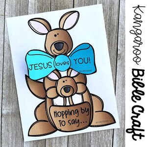 May include: A printable craft for kids featuring a kangaroo with a blue bow tie that says "JESUS loves YOU!" and a smaller kangaroo saying "Hopping by to say..."
