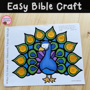 Manualidad bíblica imprimible para jóvenes / Pavo real Mateo 5:16 Estudio bíblico de la escuela dominical cristiana Orgullo en Jesús Discusión Actividad imprimible