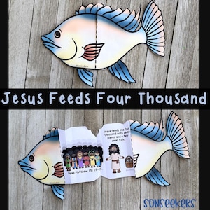 May include: A printable paper craft activity for children featuring a colourful fish with a pop-up section that says "Jesus feeds the four thousand with seven loaves and a few small fish."  Read Matthew 15: 29-39.