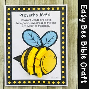 Puede incluir: Una manualidad imprimible para niños con una abeja de dibujos animados con un panal hecho de cuadrados de papel amarillo. La manualidad incluye el versículo bíblico Proverbios 16:24, que dice: "Las palabras agradables son como un panal, dulzura para el alma y salud para los huesos."