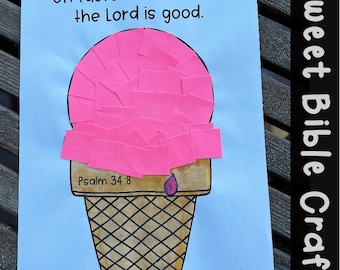 Puede incluir: Una manualidad de papel azul y blanco en forma de cono de helado con el texto "Oh taste and see that the Lord is good. Psalm 34:8" y el título "Sweet Bible Craft".