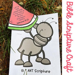 May include: A black and white illustration of an ant carrying a watermelon slice. The watermelon slice has a green rind and red flesh. The image includes the Bible verse "Let us hold unswervingly to the hope we profess, for He who promised is faithful. Hebrews 10:23".