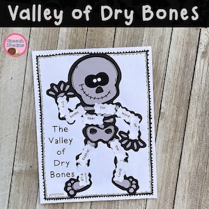 Puede incluir: Una hoja de trabajo imprimible en blanco y negro con un esqueleto con palabras para completar la frase "The Valley of Dry Bones." Las palabras son "Dry", "bones", "hear", "the", "word", "of", "Ezekiel", "37:4", "the", y "Lord!"
