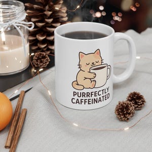 Purrfectly Caffeinated - Cute Cat Coffee Mug | Funny Animal Pun Mug | Cat Lover Gift | Kawaii Cartoon Mug