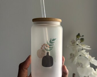 Cute, Simple Flower Design, Frosted Glass Tumbler with Bamboo Lid, Reusable Glass Straw, Non-Slip Silicone Base