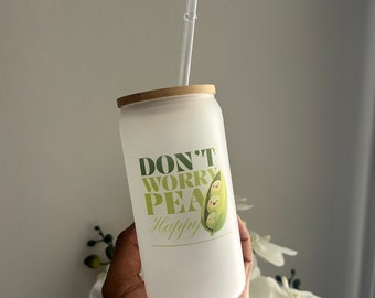 Cute Frosted Glass Tumbler with Bamboo Lid, Plastic Straw, & Non-Slip Silicone Base