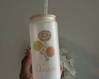 Personalized Name Glass Tumbler w/ Glass Straw, Bamboo Lid, & Non-Slip Silicone Base