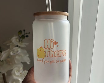 Cute, Inspirational Sublimated Frosted Glass Tumbler with Bamboo Lid and Glass Straw