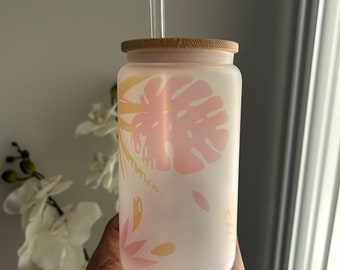 Floral Wrapped Frosted Glass Tumbler with Bamboo Lid, Reusable Glass Straw, Non-Slip Silicone Base