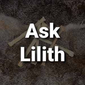 Könnte beinhalten: Nahaufnahme eines Textüberzugs auf einem Hintergrund aus Tierfell. Der Text lautet "Ask Lilith".