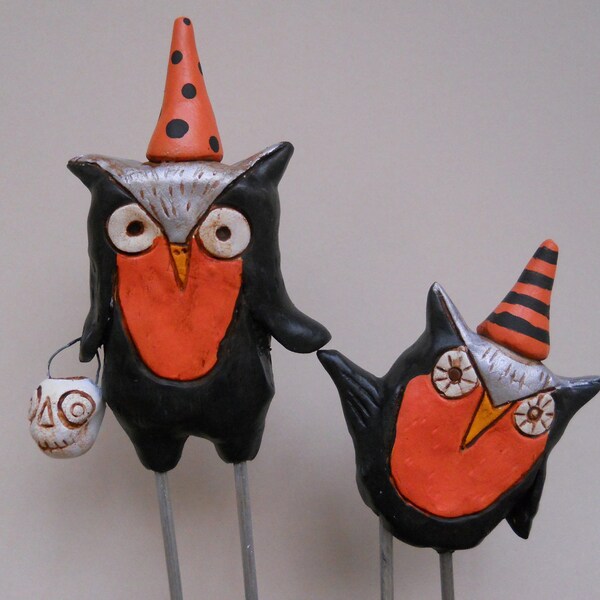 Halloween Owls with party hat clay folk art