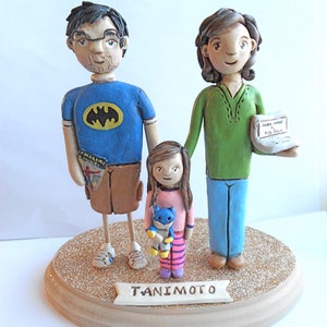 Family Portrait Customize your Family of THREE on wooden base clay folk art sculptures as seen in Parenting Magazine image 10