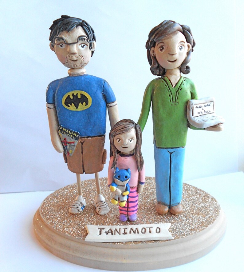 Family Portrait Customize your Family of THREE on wooden base clay folk art sculptures as seen in Parenting Magazine image 10