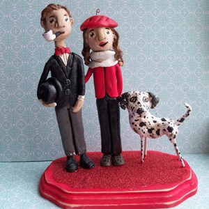 Custom Couple and one dog personalized folk art clay sculptures on base based on photos image 8