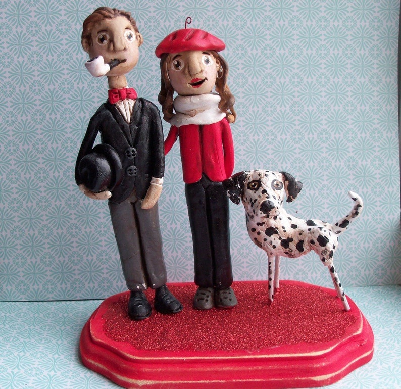 Custom Couple and one dog personalized folk art clay sculptures on base based on photos image 8