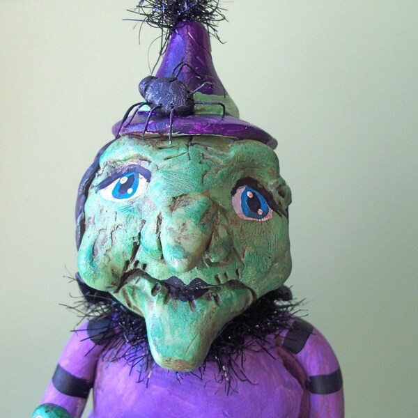 Green Halloween Witch with pet frog-clay folk art sculpture