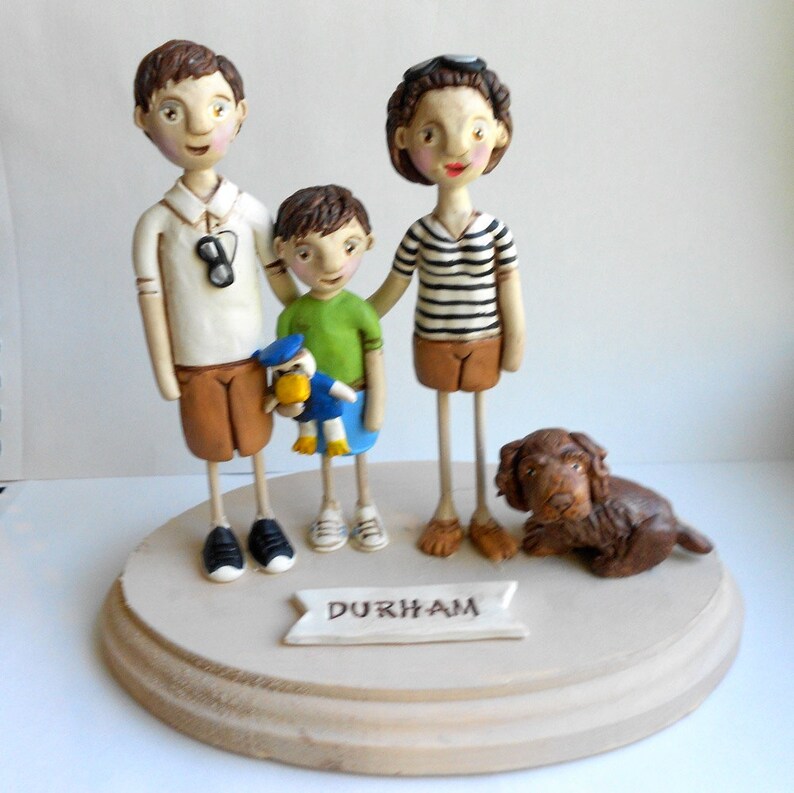 Family Portrait Customize your Family of THREE on wooden base clay folk art sculptures as seen in Parenting Magazine image 9