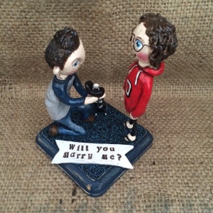 Custom Couple and one dog personalized folk art clay sculptures on base based on photos image 6