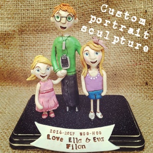 Family Portrait Customize your Family of THREE on wooden base clay folk art sculptures as seen in Parenting Magazine image 8