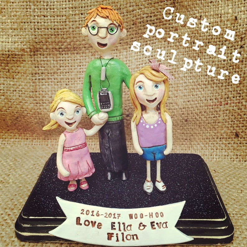 Family Portrait Customize your Family of THREE on wooden base clay folk art sculptures as seen in Parenting Magazine image 8