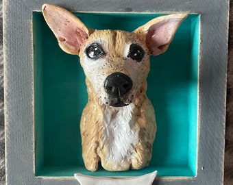 Square framed customize your dog folk art sculpture based on your dogs photo, Pet portrait, pet memorial, dog replica, memorial gift