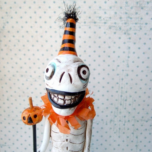 Skeleton with Pumpkin Staff-clay folk art sculpture-ready to ship