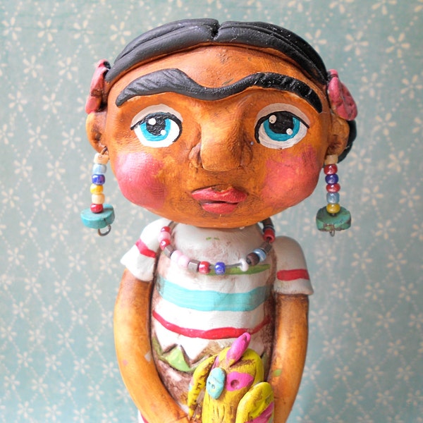 Frida with bird-clay folk art-READY TO SHIP