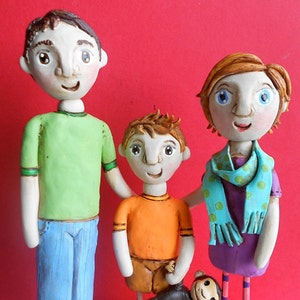 Family Portrait Customize your Family of THREE on wooden base clay folk art sculptures as seen in Parenting Magazine image 2