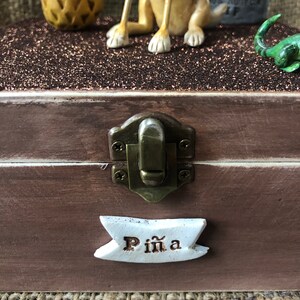 May include: A wooden box with a brass latch and a white banner with the word "Pima" inscribed on it.