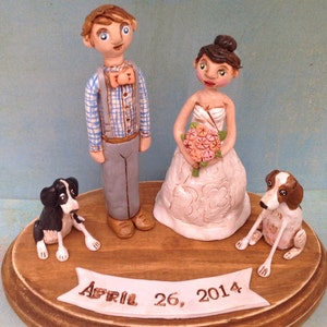 Custom Couple and one dog personalized folk art clay sculptures on base based on photos image 4