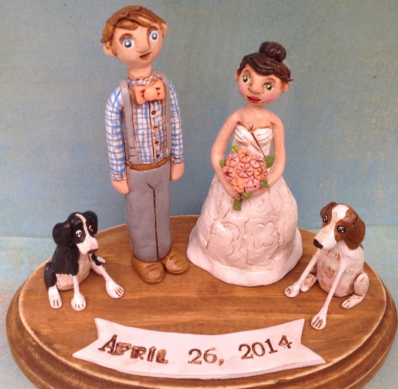 Custom Couple and one dog personalized folk art clay sculptures on base based on photos image 4