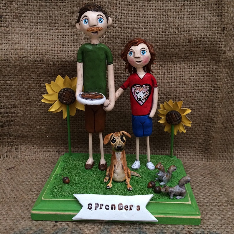 Custom Couple and one dog personalized folk art clay sculptures on base based on photos image 2