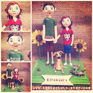 Custom Couple and one dog personalized folk art clay sculptures on base based on photos image 1