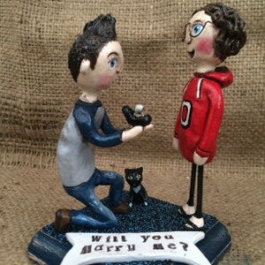 Custom Couple and one dog personalized folk art clay sculptures on base based on photos image 5