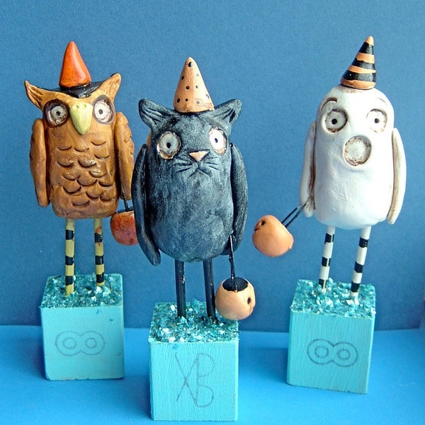 Trick or Treat Trio-clay folk art sculpture