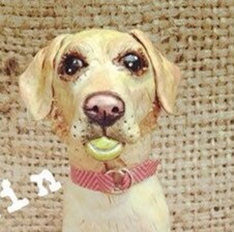 May include: A ceramic sculpture of a yellow Labrador Retriever with brown eyes, a pink nose, and a pink collar. The dog is holding a yellow tennis ball in its mouth.