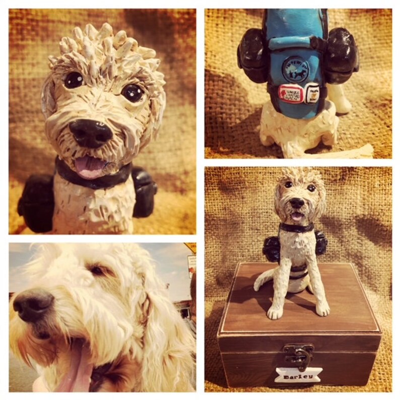 May include: A custom-made clay sculpture of a dog wearing a backpack. The sculpture is sitting on a wooden box with the name "Barley" engraved on it.