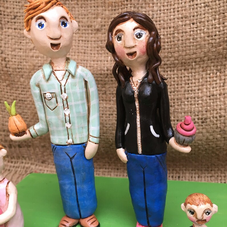 Family Portrait Customize your Family of THREE on wooden base clay folk art sculptures as seen in Parenting Magazine image 7