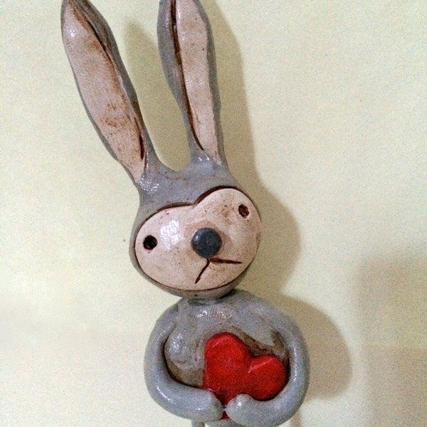 OOAK Easter Love Bunny with grey nose and red heart clay folk art sculpture Ready to Ship