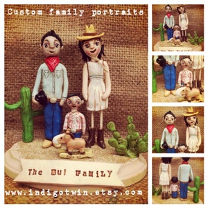 Family Portrait Customize your Family of THREE on wooden base clay folk art sculptures as seen in Parenting Magazine image 1