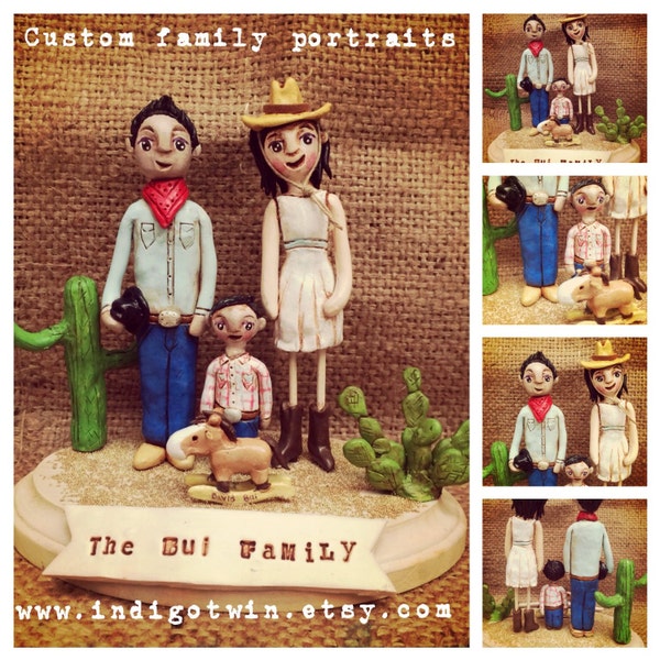 Family Portrait Customize your Family of THREE on wooden base - clay folk art sculptures as seen in Parenting Magazine