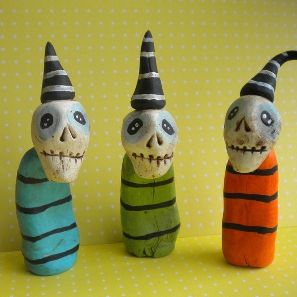 Colorful Skeleton Trio-clay folk art sculpture-Halloween Decoration