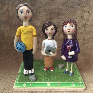 Family Portrait Customize your Family of THREE on wooden base clay folk art sculptures as seen in Parenting Magazine image 4