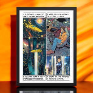 Spersonalizowany komiks o przygodach kosmicznych dla dzieci, spersonalizowana opowieść science fiction z unikalną grafiką, idealny prezent dla dzieci, spersonalizowana dekoracja ścienna dla dzieci