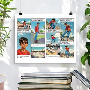 Fumetto di storie per bambini, regalo con personaggio principale in stile cartone animato, poster di fumetti personalizzato per bambini, regalo unico per ragazzi, arte sportiva personalizzata per famiglie