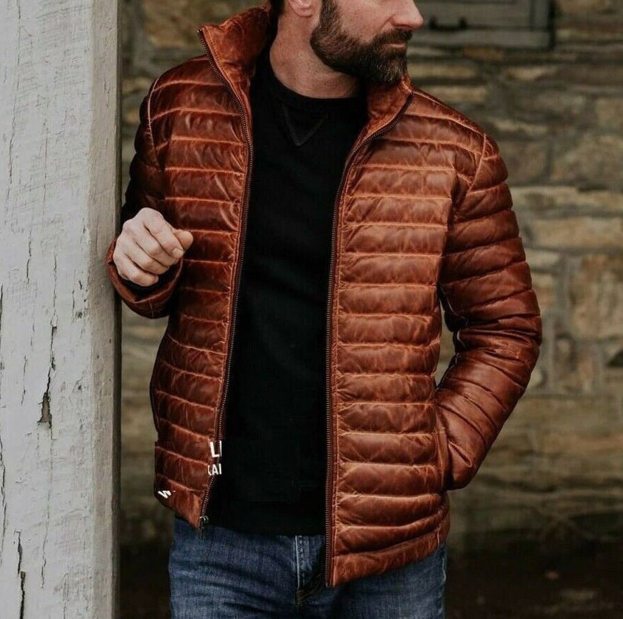 Men's Antique Brown Real Leather Jacket Puffer Fully Quilted Lambskin Jacket, Men Destressed Brown Handmade Jacket | Gift  for husband-DAD |