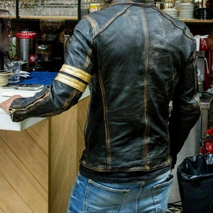 Blouson moto motard vintage Cafe Racer en cuir véritable noir effet vieilli pour homme | Veste vintage en cuir effet vieilli pour homme | Veste Café Racer|