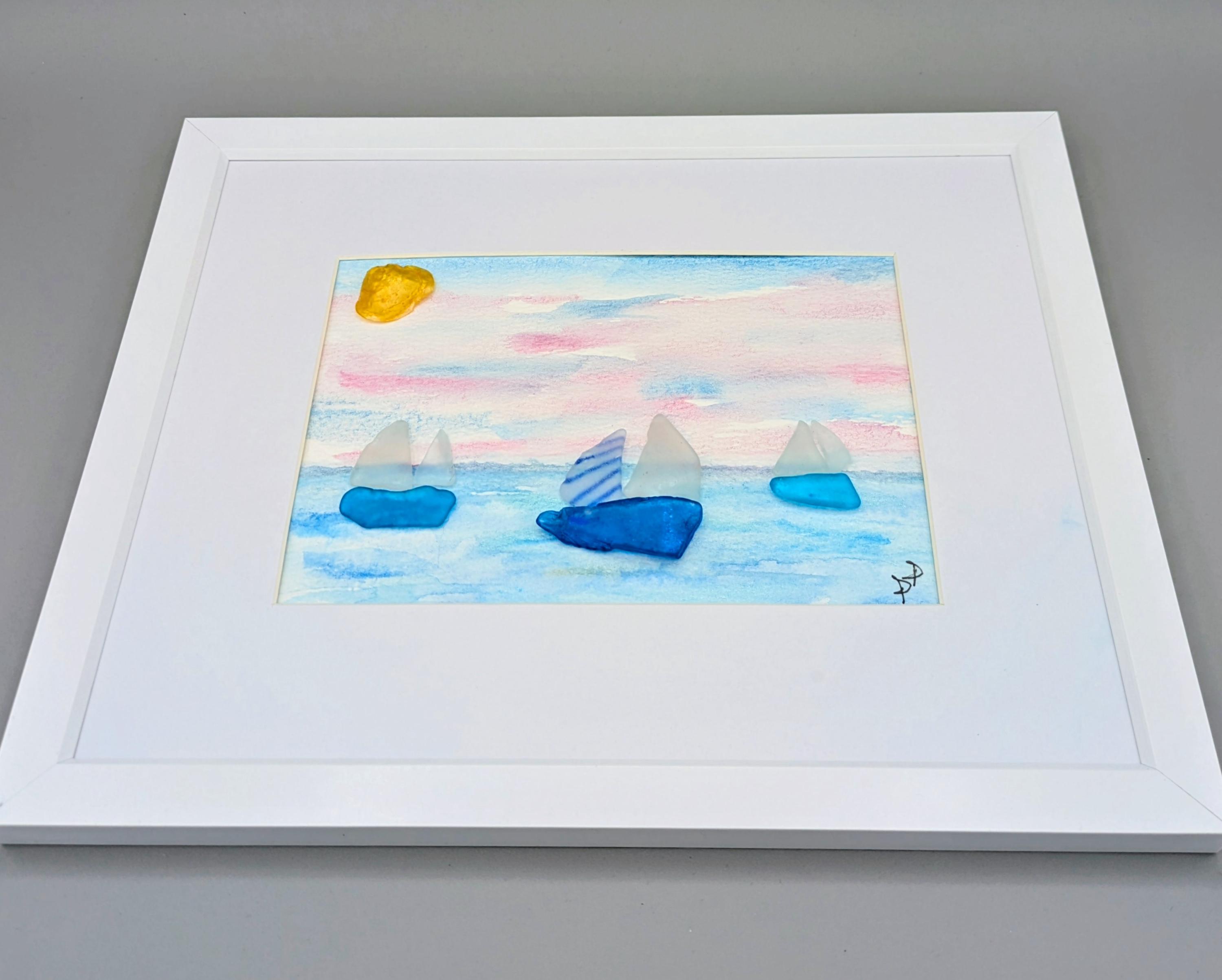 Sea Glass Wall Hanging ,sailboat Art: Framed Nautical Beach Scene With ...