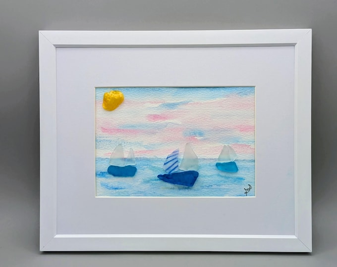 Sea Glass Wall Hanging ,Sailboat Art: Framed Nautical Beach Scene with Watercolor
